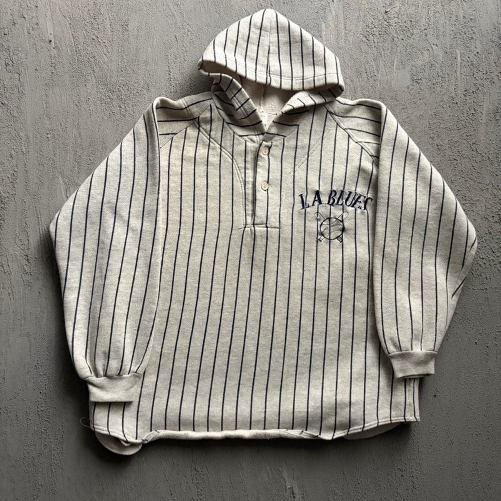 Vintage LA Blues Hoodie XL Grey 1990s Baseball Pinstripe Henley